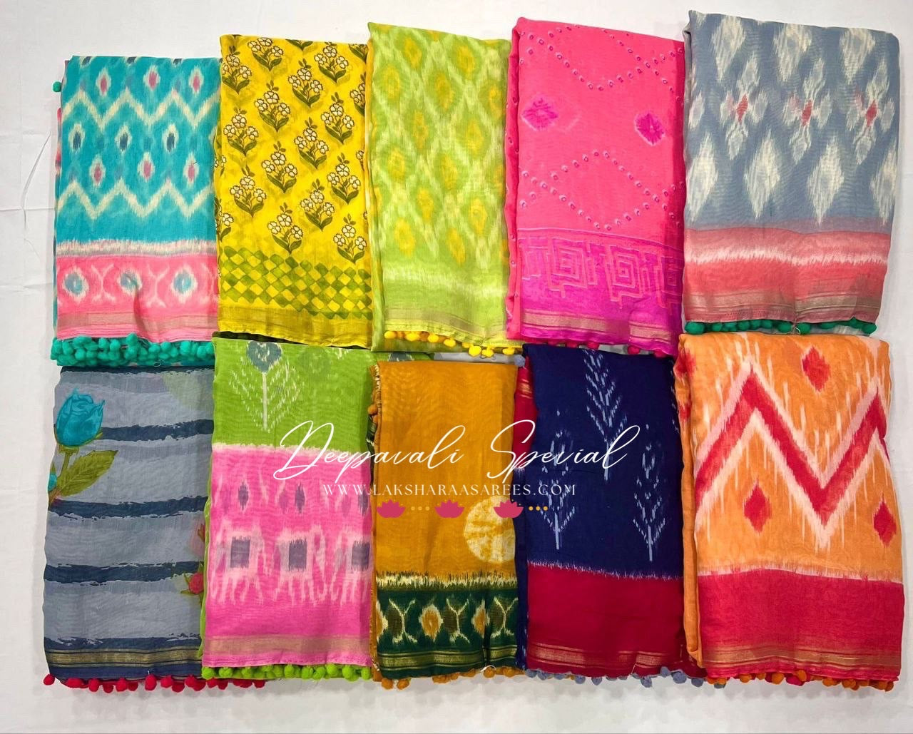 Colourful Mul Mul Cotton Saree x Pom Pom Border