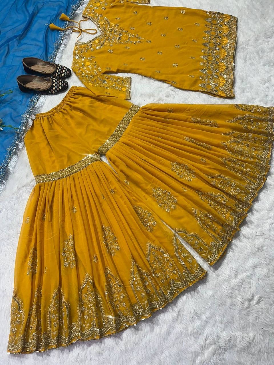 Abeeha Mustard X Blue Sharara Suit