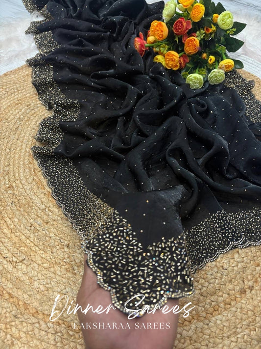 NAYLAA - Space dinner saree with stone border