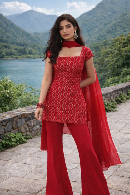 Elegant 90s style designer suit by Laksharaa Sarees featuring intricate patterns and vibrant colors.