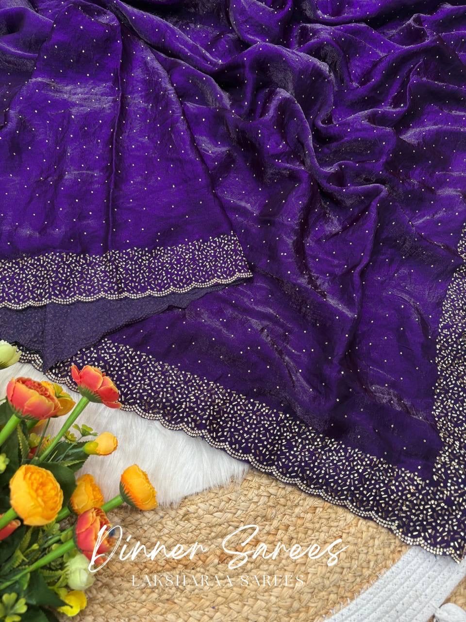 NAYLAA - Space dinner saree with stone border