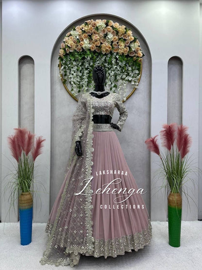 SAVITAA - Mauve Pink x Silver Georgette Lehenga with Stunning Duppata