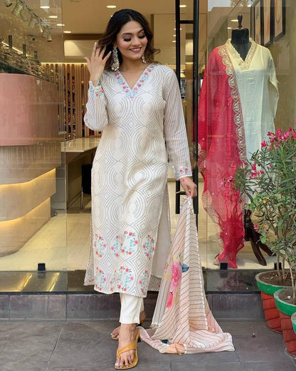 White Floral Kurti Set