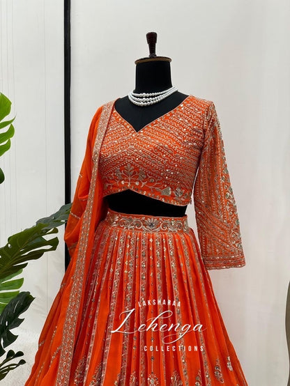 VINALI - Premium Orange Georgette Lehenga