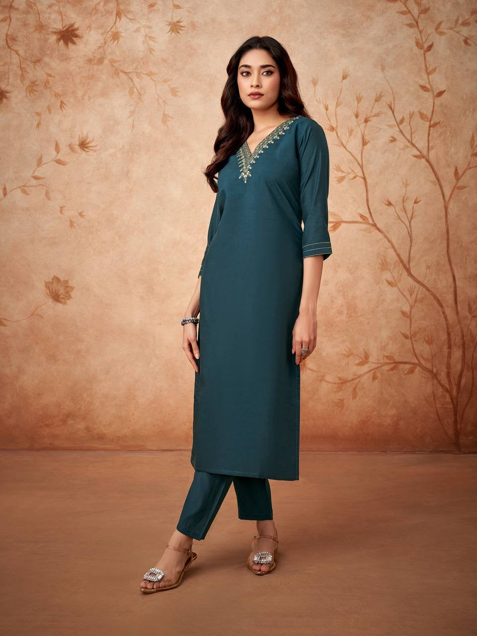 Teal x Floral Duppata Kurti Set