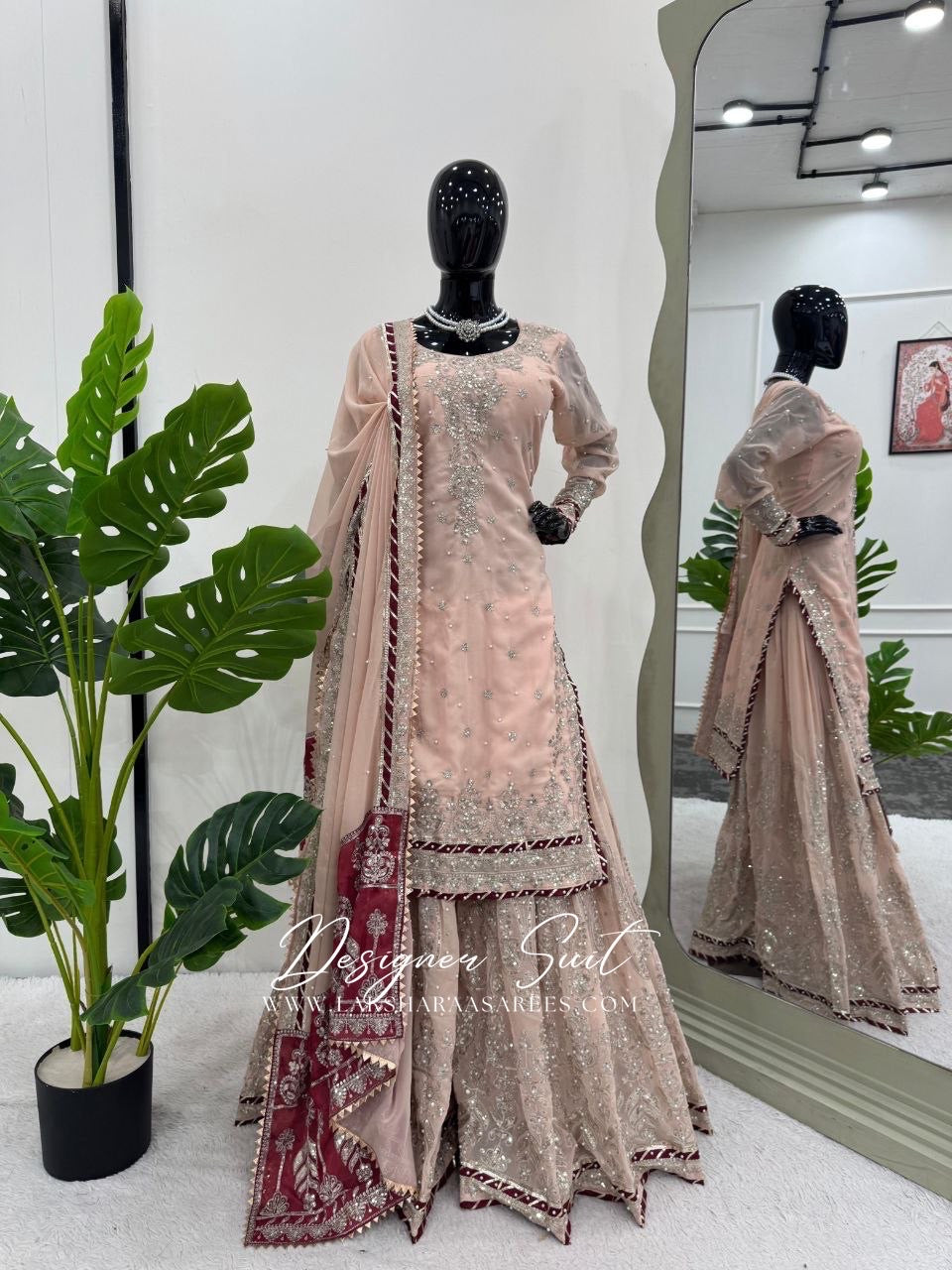 MAVISHA — Peach x Maroon Premium Pallazo Designer Suit