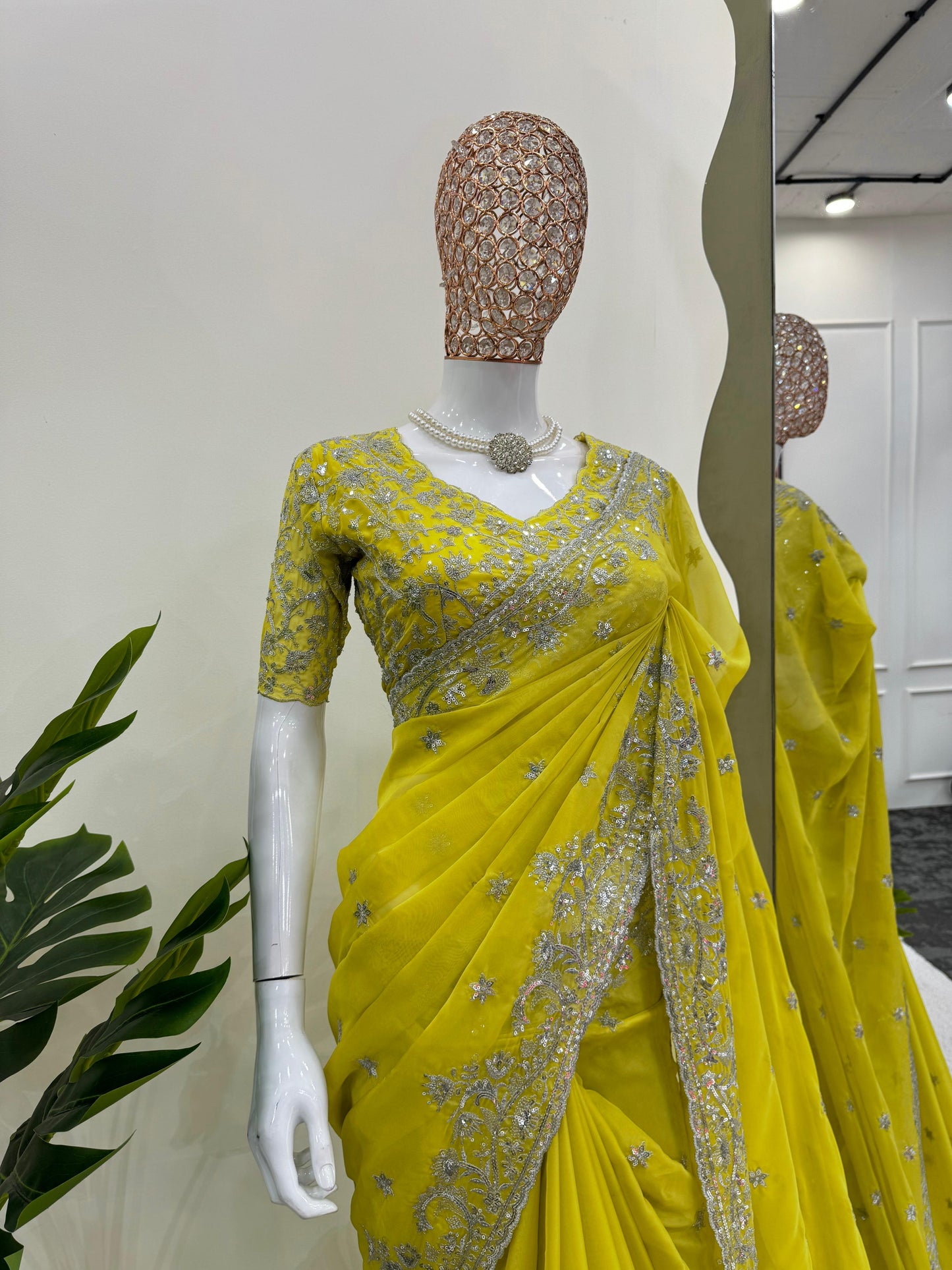 Lemon Green Georgette Saree x Designer Blouse