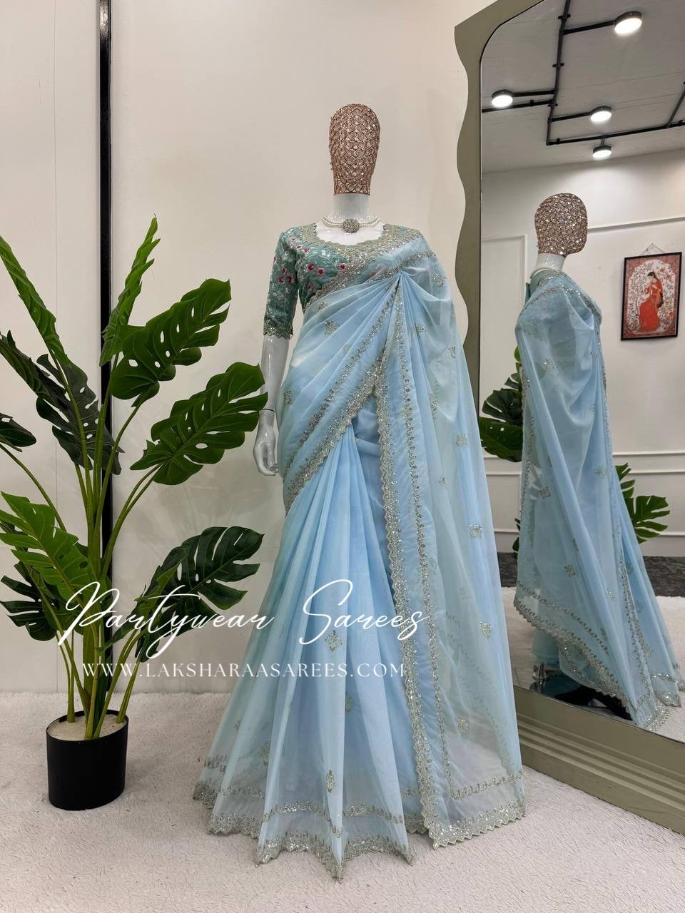 BHUVA - Baby Blue Georgette Silk Saree x designer blouse