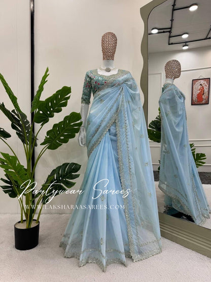 BHUVA - Baby Blue Georgette Silk Saree x designer blouse