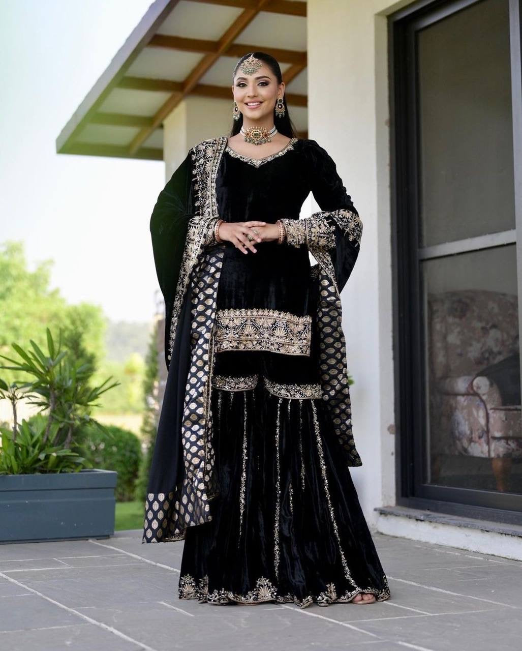 Nureen Black Velvet Sharara Suit