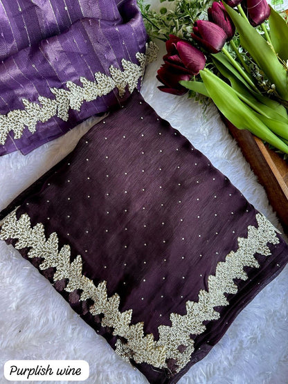 Shimmer Silk Saree - Pearl leaf border