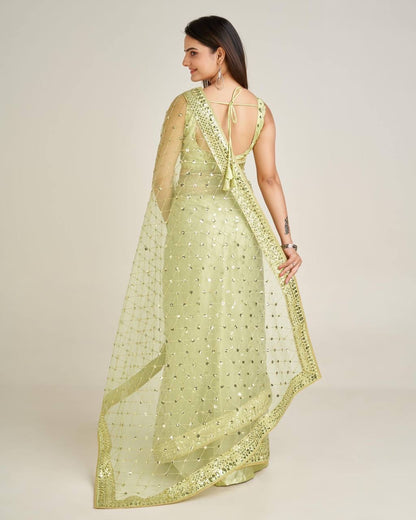 Green x Gold Partywear Net Sequinned Saree