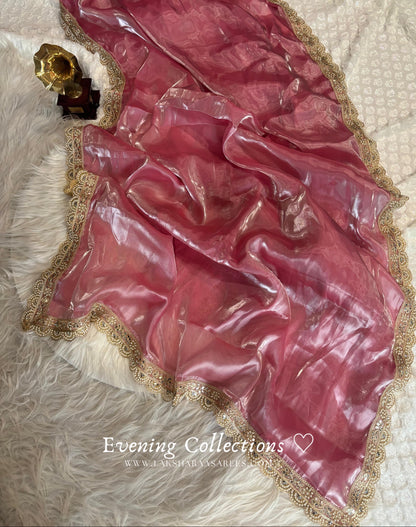 INIYAA — Pink Shimmer Silk x Pearl & Mirror Work Grand Border