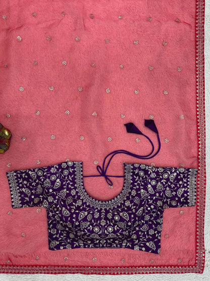 RICHA - Red Georgette Saree x Purple Designer Blouse