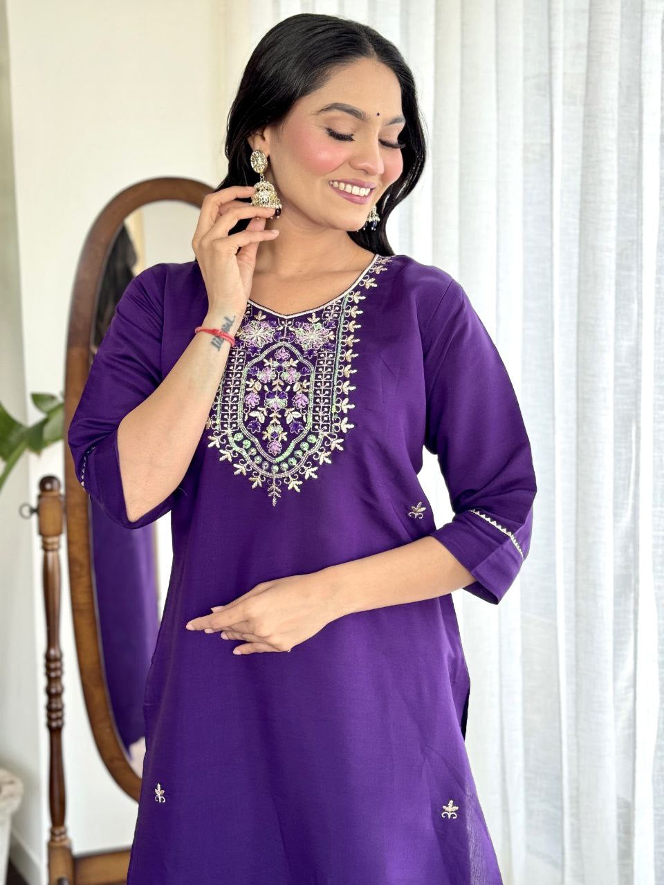 Premium Purple Kurti Set with Grand Neckline