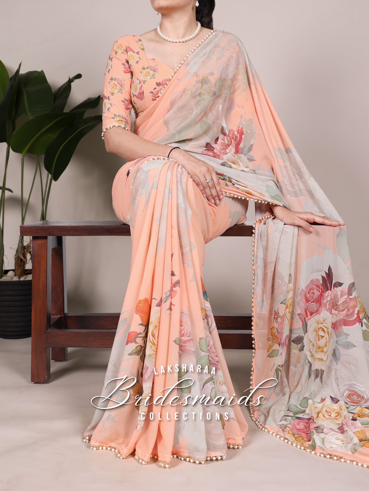 Partywear Floral Pearl Georgette Saree x Pearl Border