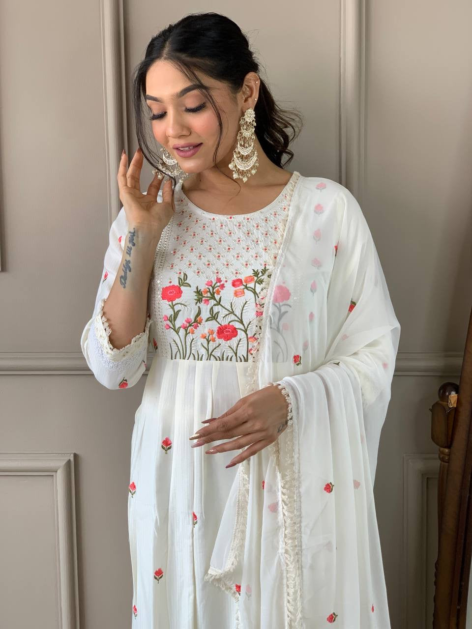 White Floral Kurti in Naira Cut Style