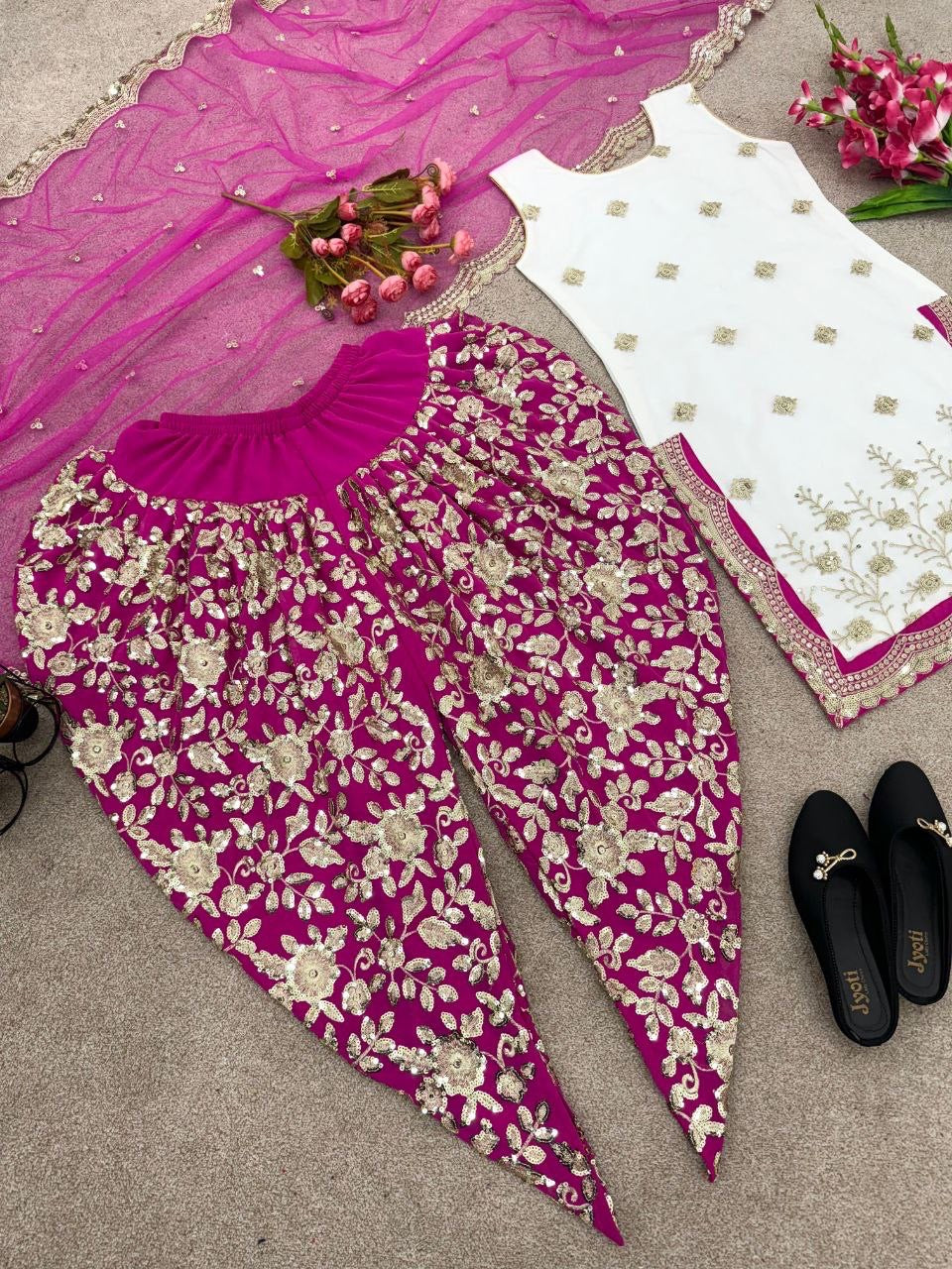 White x Dark Pink Dhoti Suit