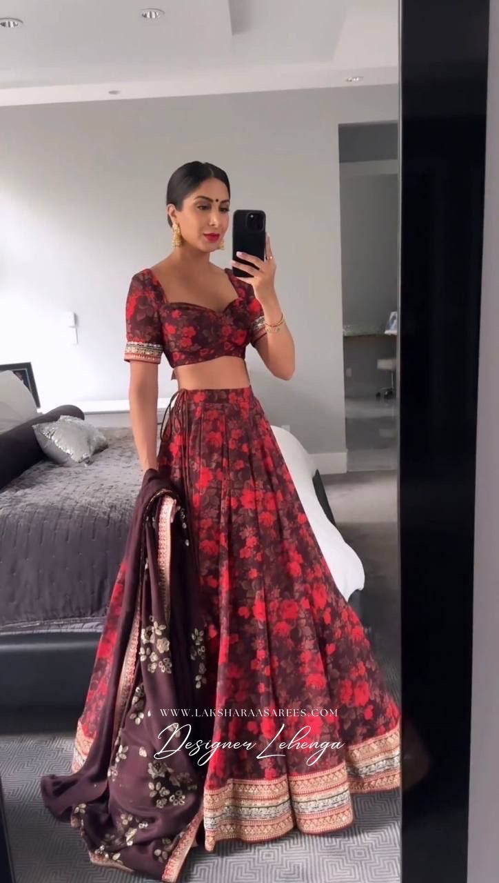 Maroon x Red Floral Georgette Lehenga