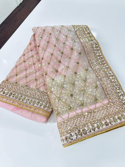 Pink x Gold Partywear Net Sequinned Saree