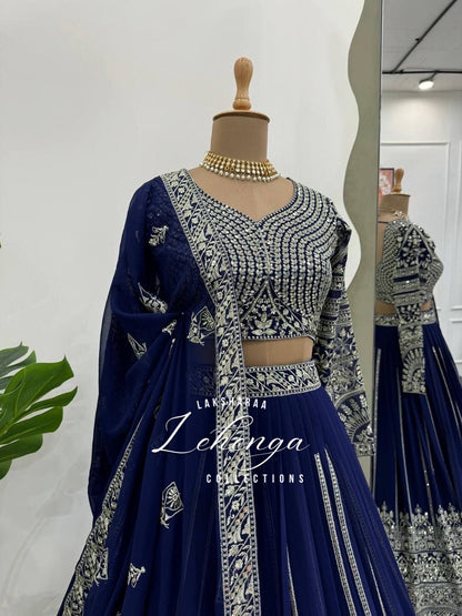 LEAA — Premium Blue Lehenga x Green Work Blouse