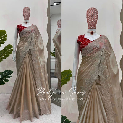 REHA — Luxury Shimmer Silk Saree in champagne shade with contrast red blouse