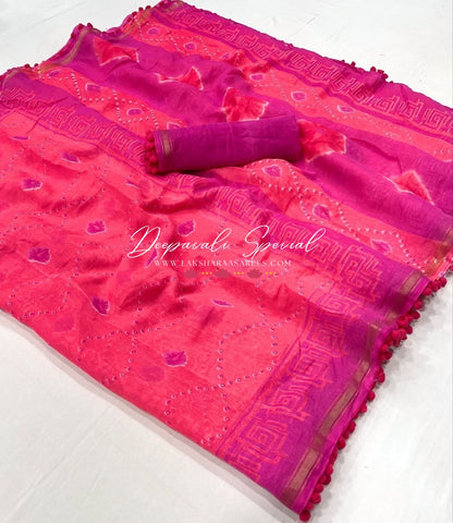 Colourful Mul Mul Cotton Saree x Pom Pom Border