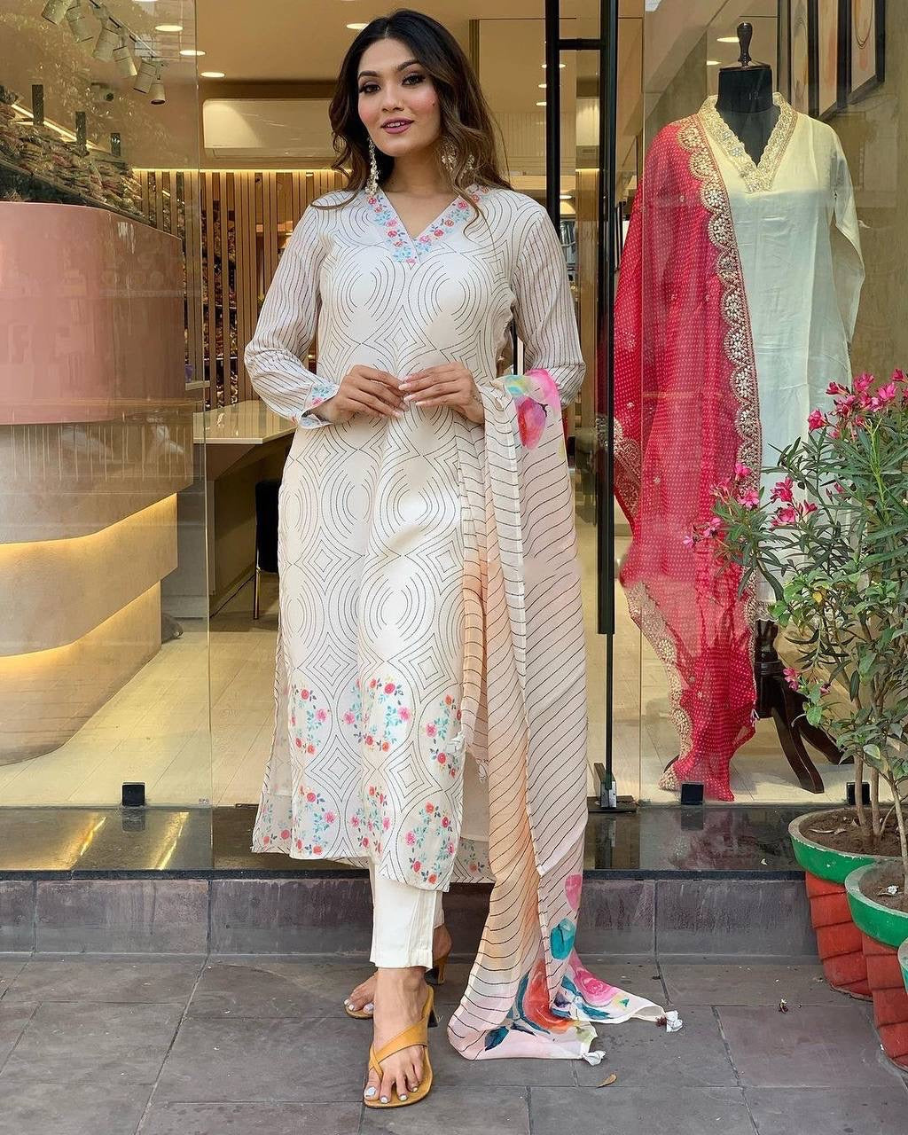 White Floral Kurti Set