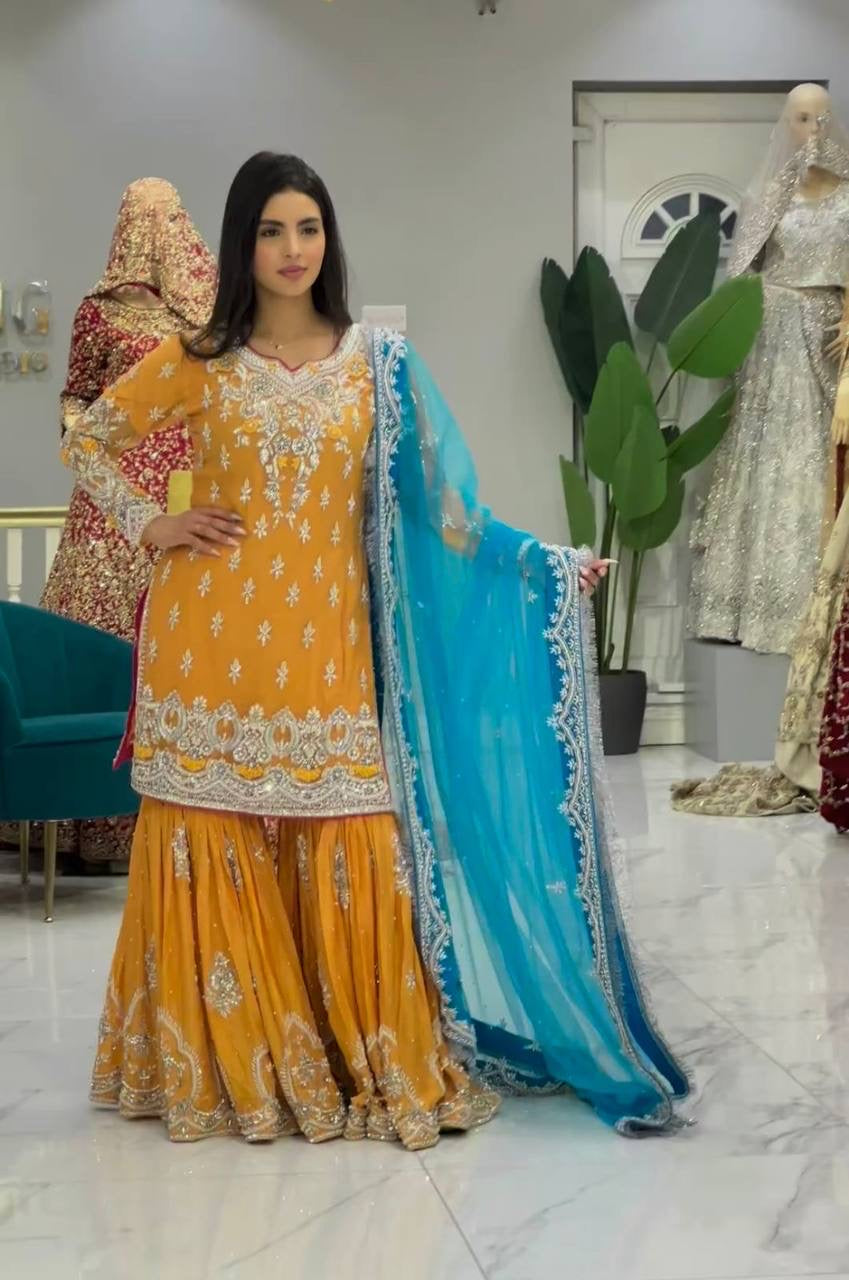 Abeeha Mustard X Blue Sharara Suit