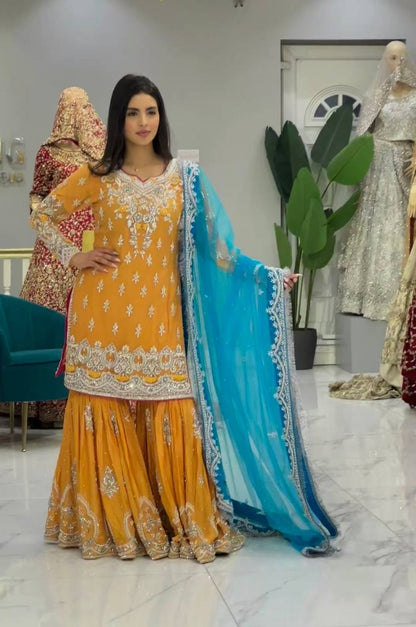 Abeeha Mustard X Blue Sharara Suit