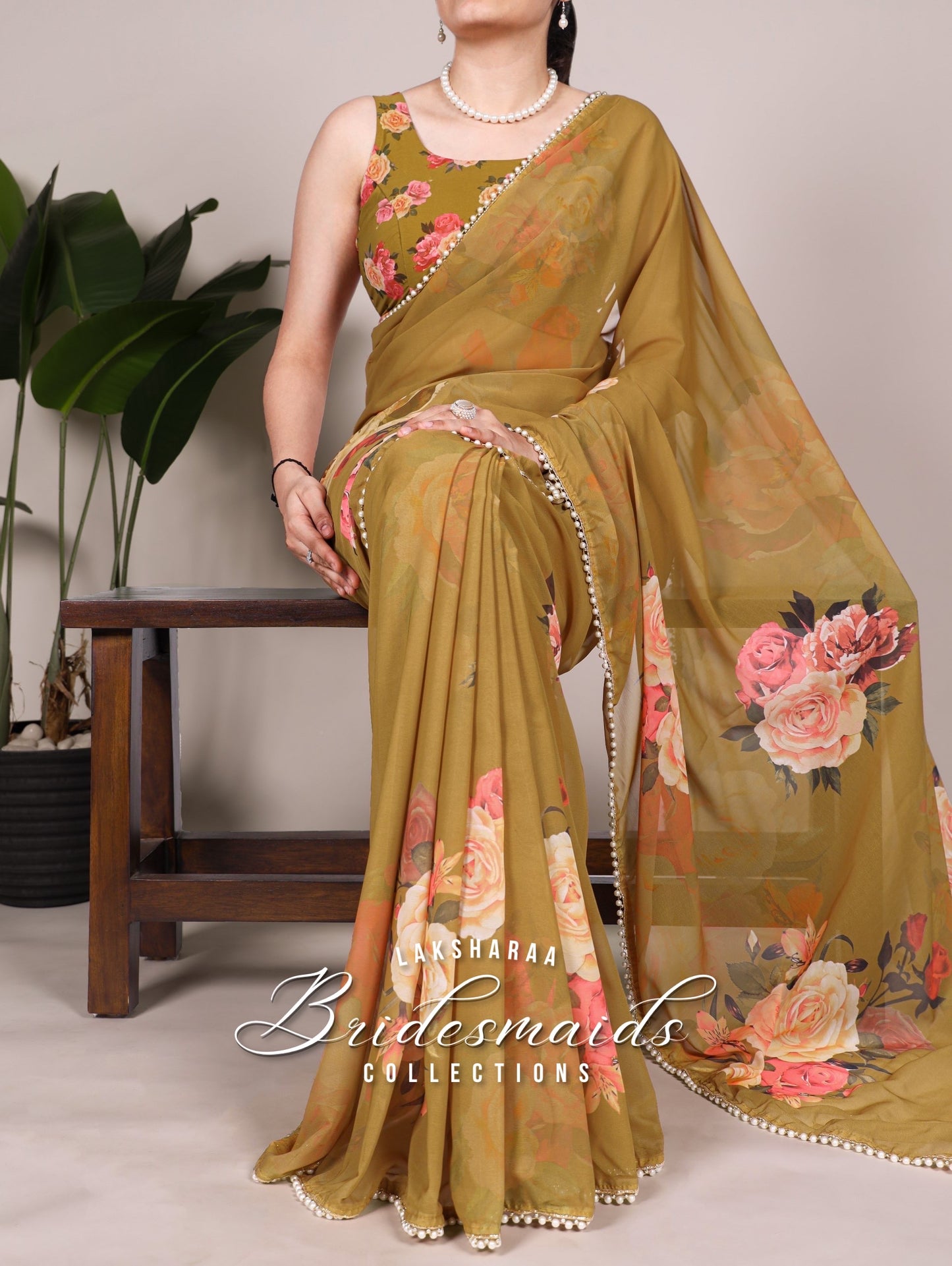 Partywear Floral Pearl Georgette Saree x Pearl Border
