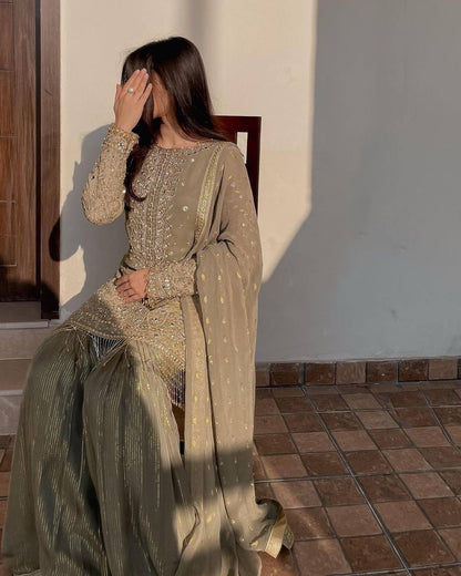 TAMANA - Olive Shimmery Sharara Suit