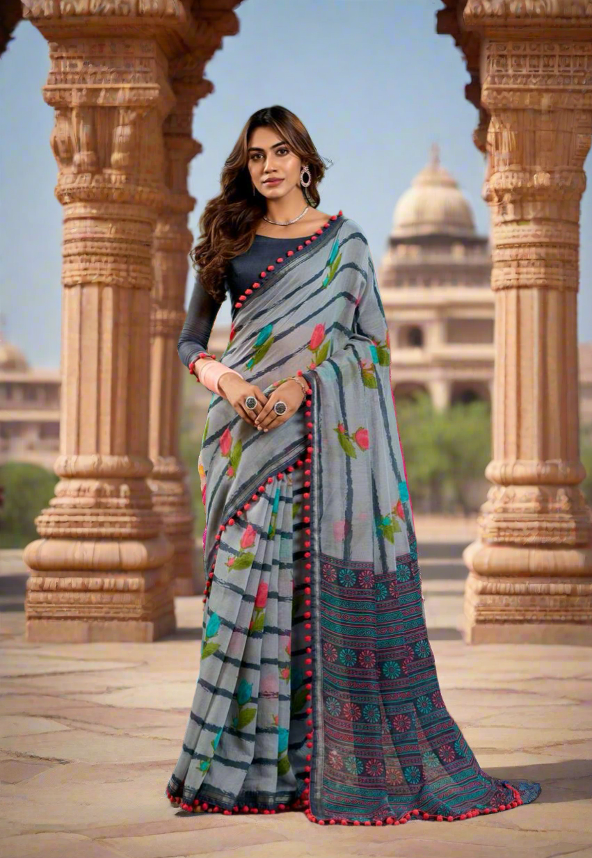 Colourful Mul Mul Cotton Saree x Pom Pom Border