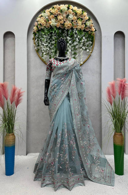 AURELIA - Designer Organza Silk Floral Saree x Premium Embroidery Work