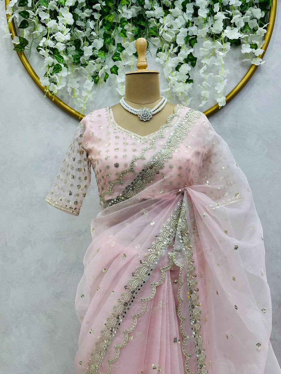 Baby Pink Organza Partywear Saree