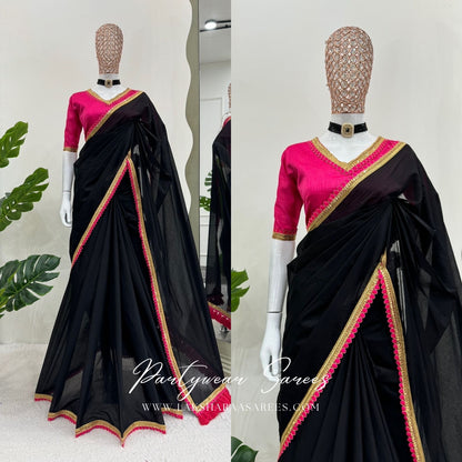 ISAI - Black Mul Cotton Saree x Pink Tassel Border