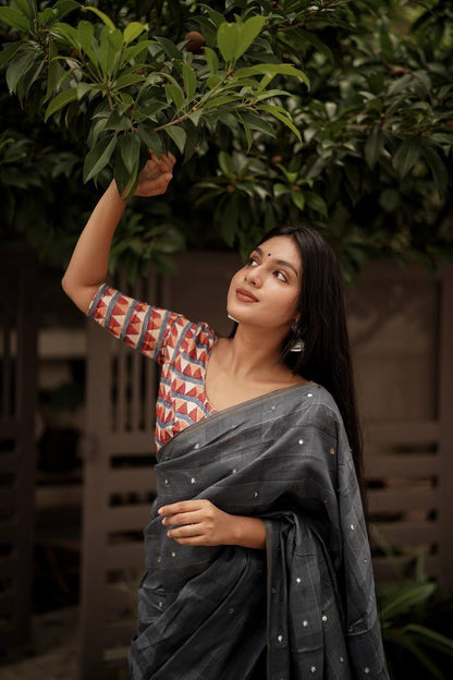 Comfy Linen Cotton Chex Saree x Free Earring