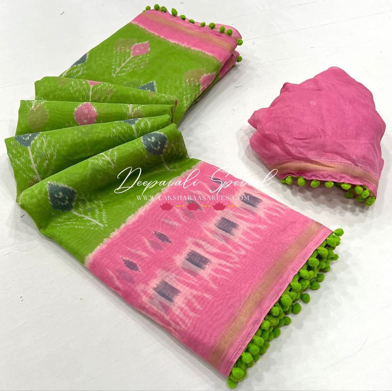 Colourful Mul Mul Cotton Saree x Pom Pom Border