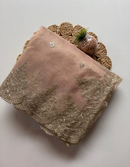 ALICIA — Pretty Peach X Red Shimmer Tissue Saree with Embroidered Blouse