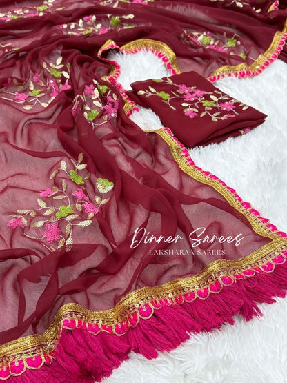 ISHTA - Floral Georgette Saree x Pink Tassel Border