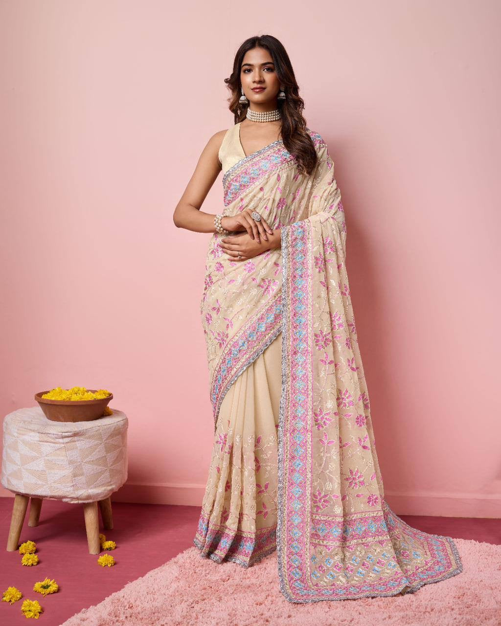 Partywear Readymade Georgette Saree X Floral Embroidery