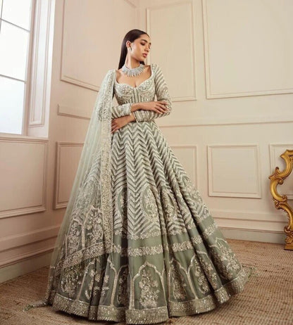 Designer Sage Green Georgette Lehenga