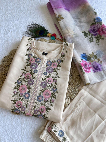 Beige Floral Kurti Set