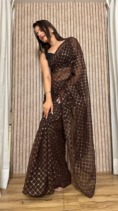 VARSHA - Brown Partywear Sequinned Saree