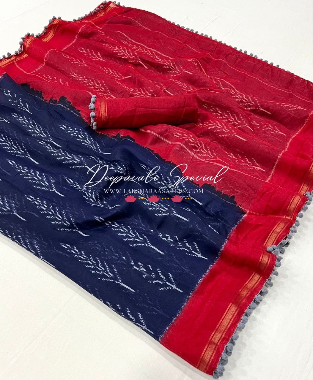 Colourful Mul Mul Cotton Saree x Pom Pom Border