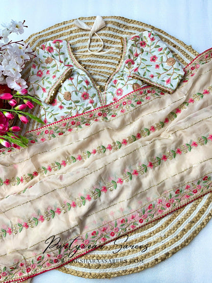 RANGOLI - Georgette Saree with floral embroidery work x readymade blouse