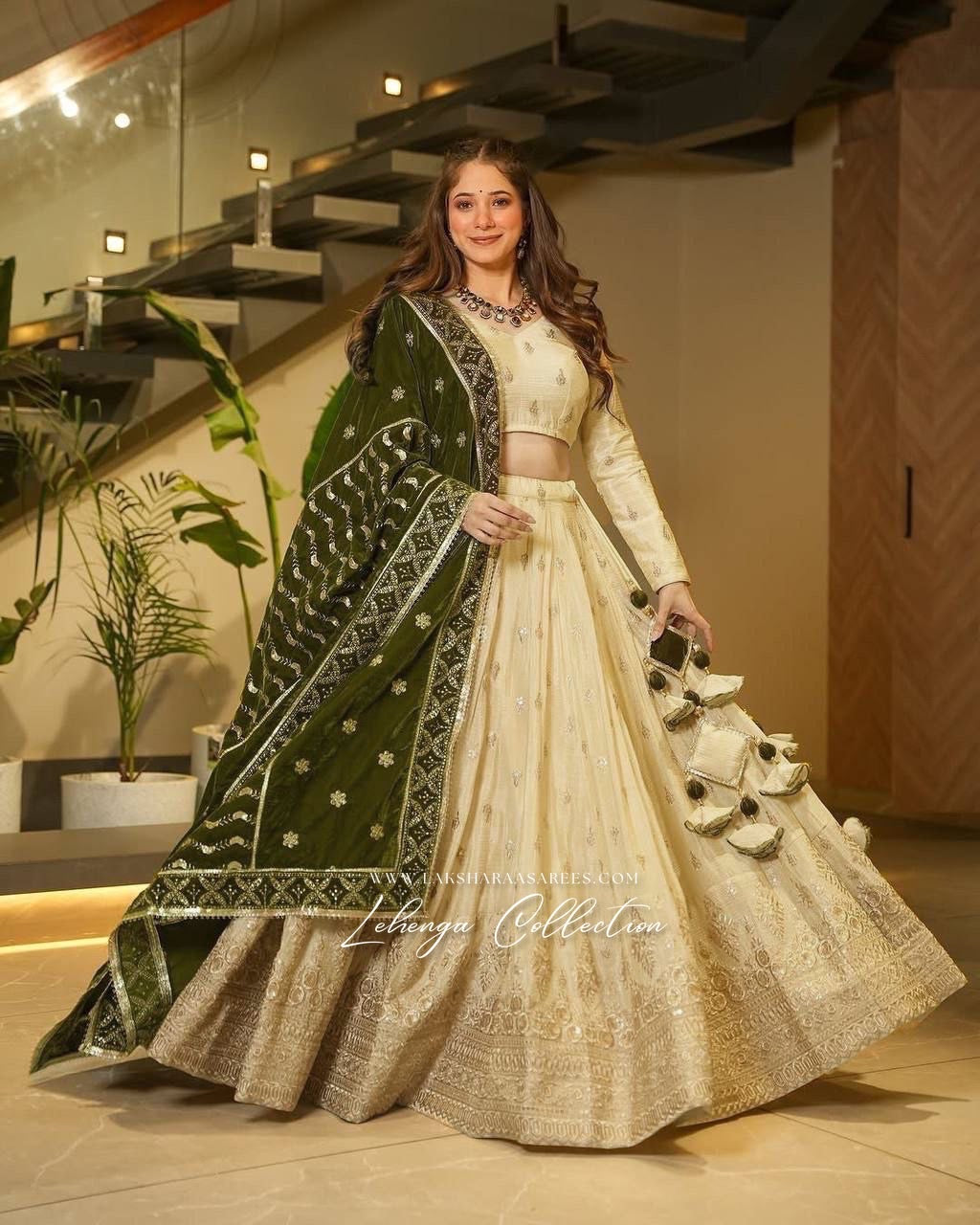 PRANAVI - Gold X Green Georgette Silk Lehenga