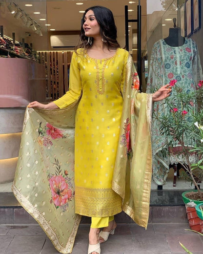 Yellow Floral Mustard Kurti Suit