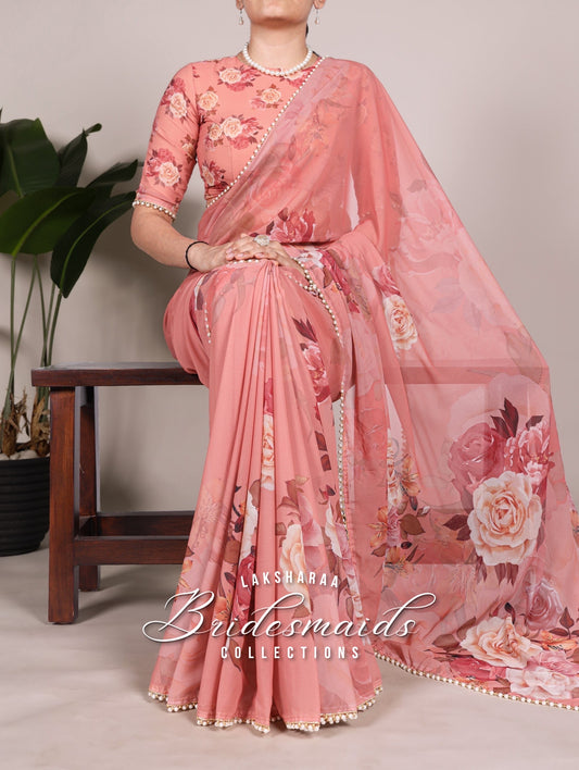 Partywear Floral Pearl Georgette Saree x Pearl Border