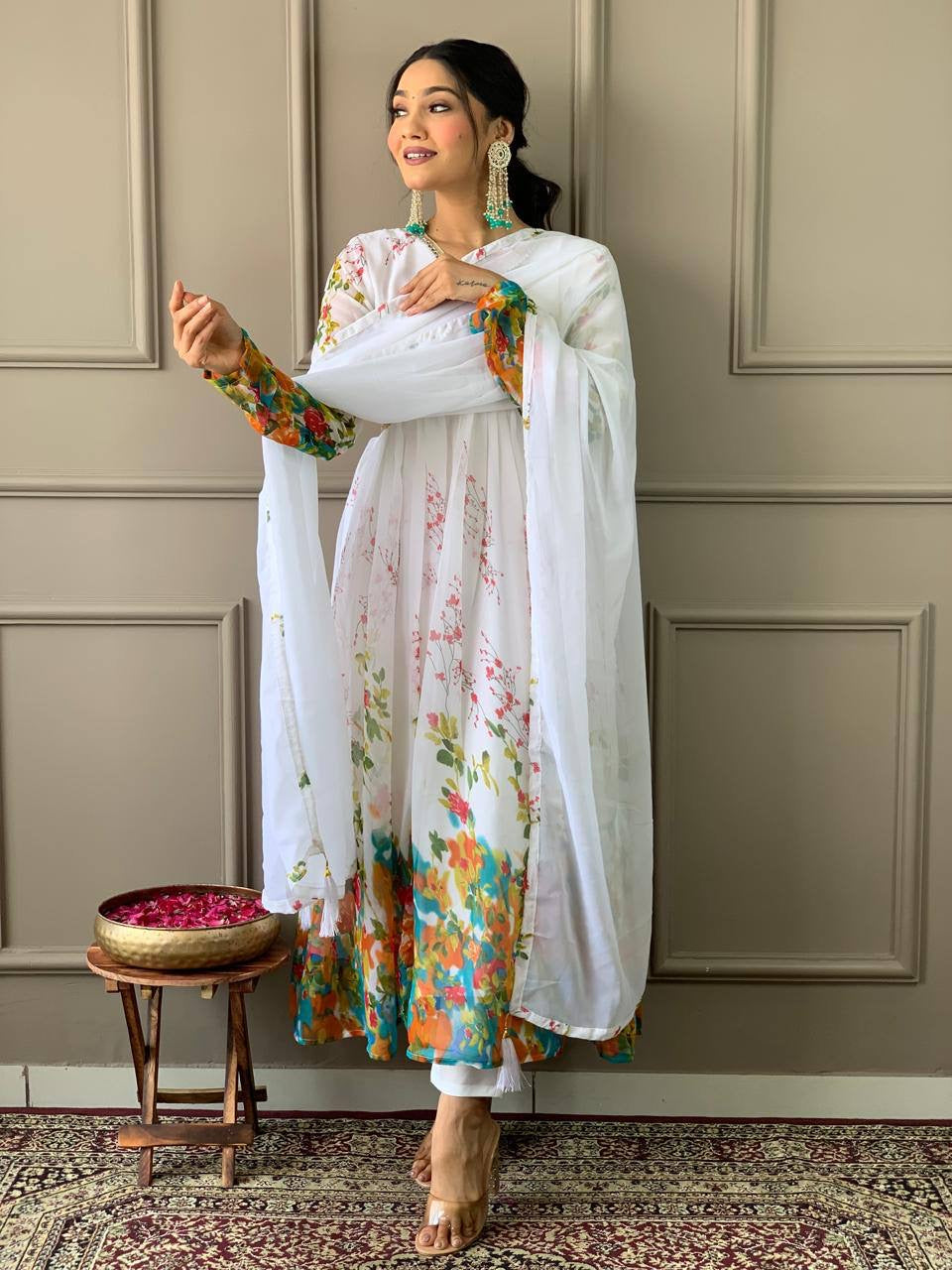 White x Floral Alia Cut Kurti Set